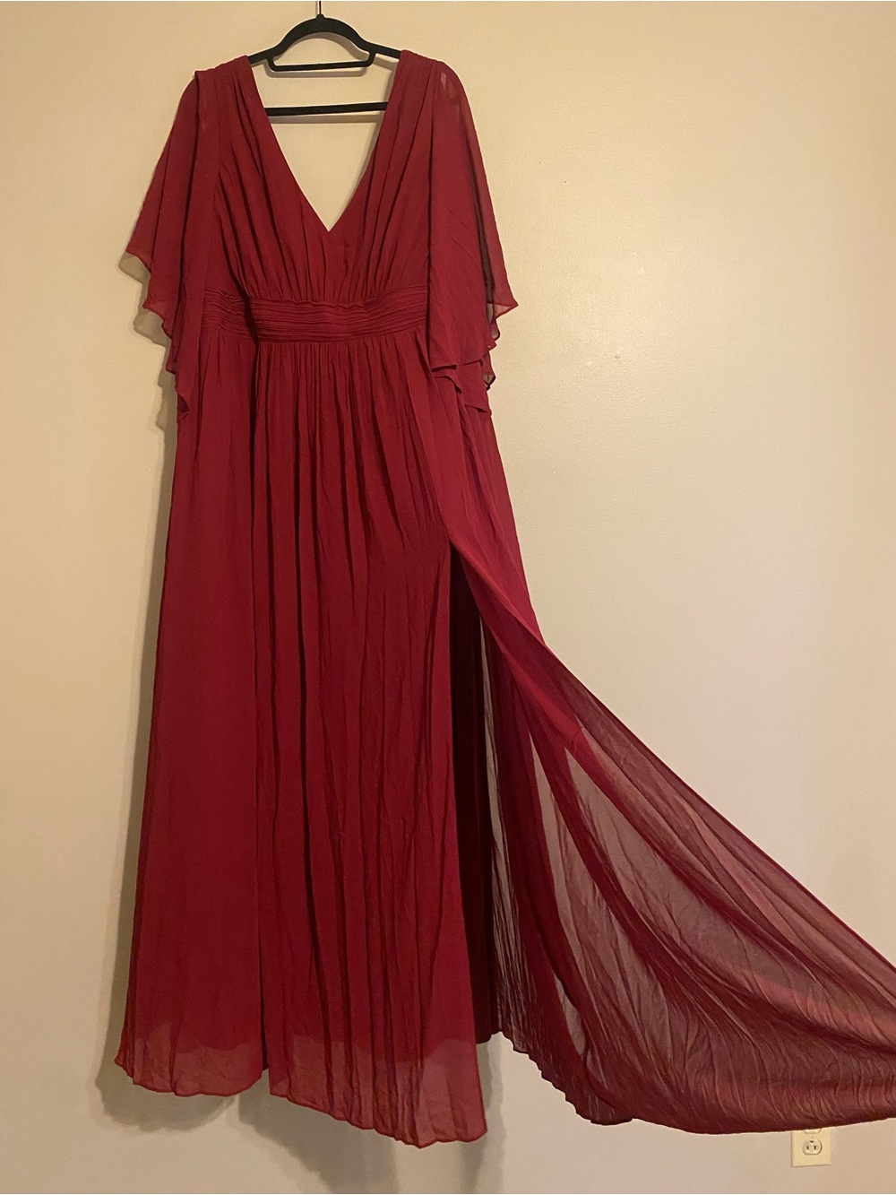 2XL Burgundy V-Neck Chiffon Gown with Flutter Sleeves